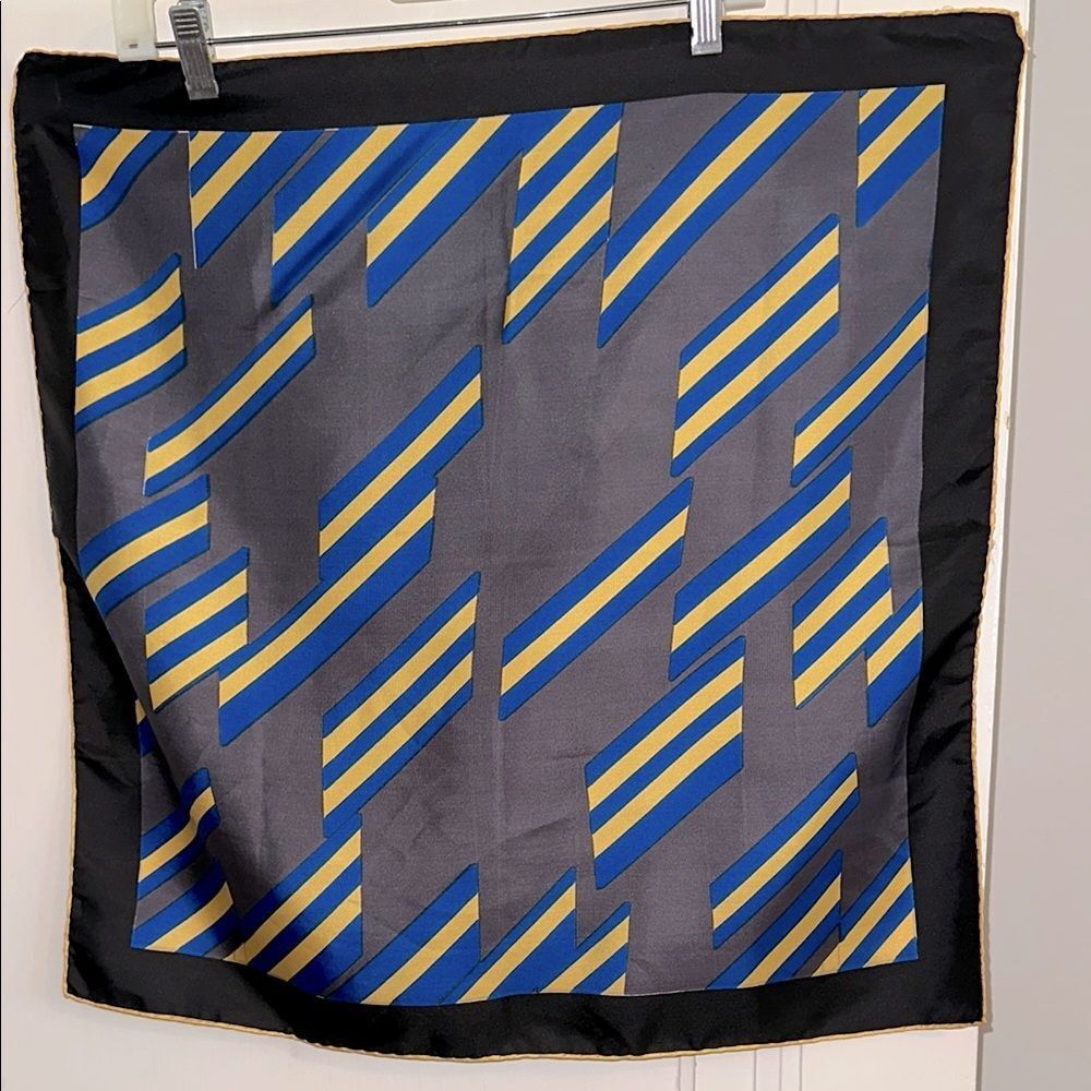 Vtg 60s Ashear Brand Gray, Black,‎ Yellow & Blue Geometric Patterned Silk Scarf